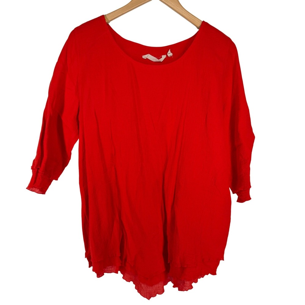Soft Surroundings Crinkle Gauze Cotton Top Size L Red Boho Layered Asymmetrical